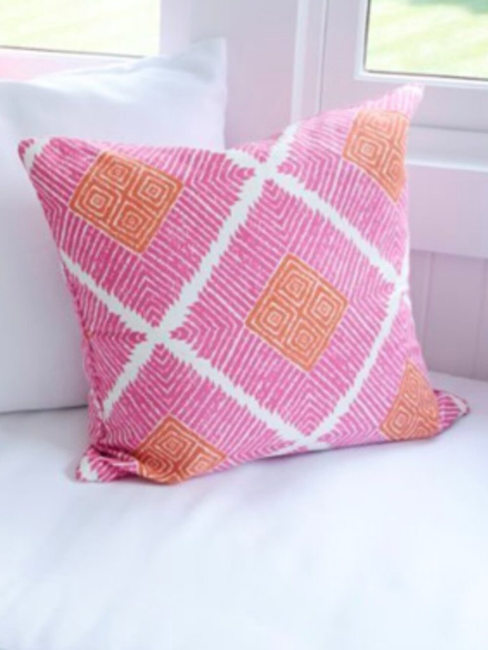 John Robshaw Designs Pair Throw Pillows Pink & Orange Geometric Print Linen